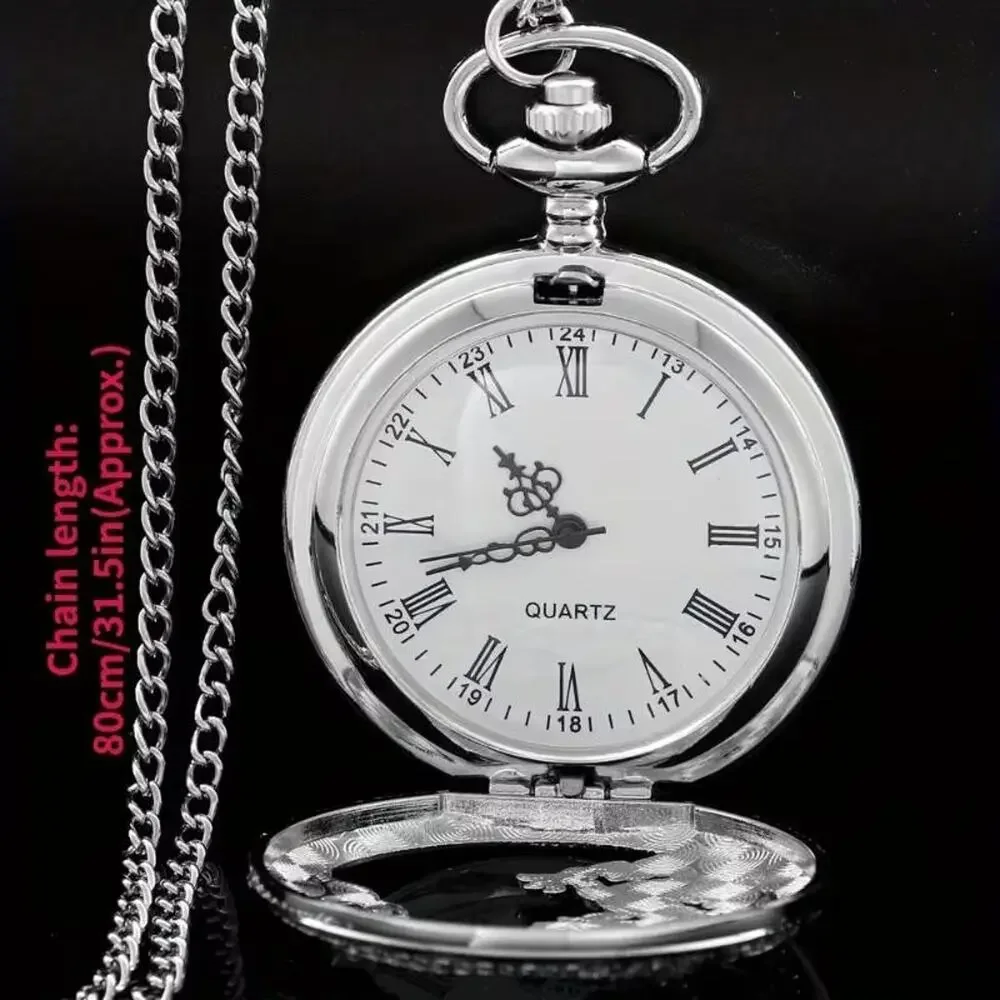 Pocket Watch & Chain • Chinese Royal Dragon • Roman Numerals • Black Anodized